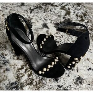 Stuart Weitzman Morepearls Black Suede Pearl Block Heel Sandals W21446 Womens 9M